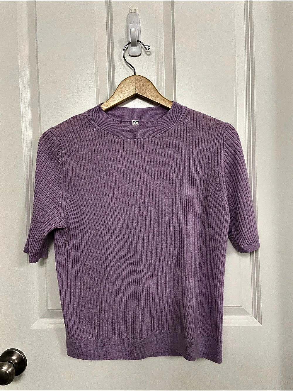 UNIQLO Extra Fine Merino Ribbed Short-Sleeve Sweater Purple XL